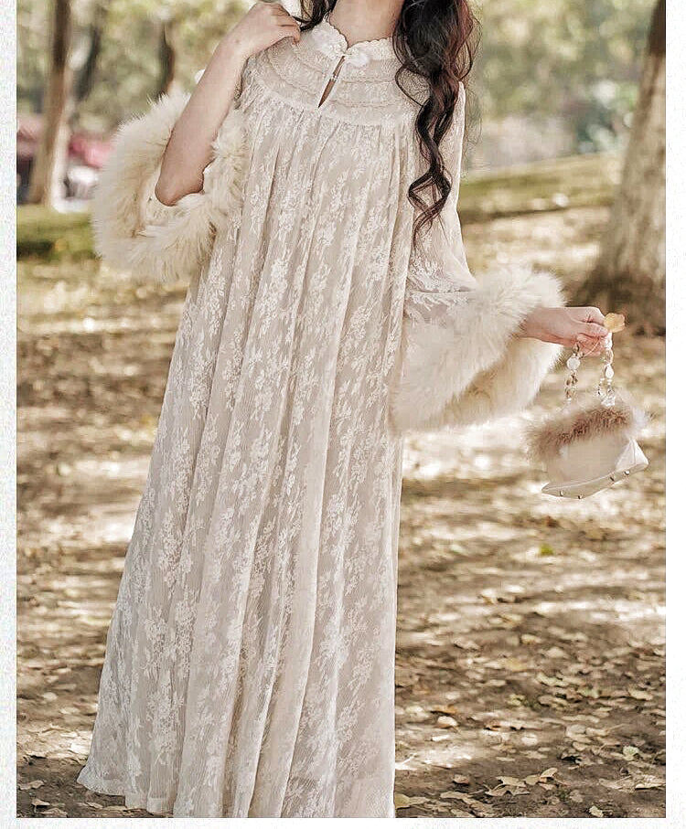 Vintage Faux Fur Lace Dress with Pearl Belt Royalcore Aesthetic  Princescore