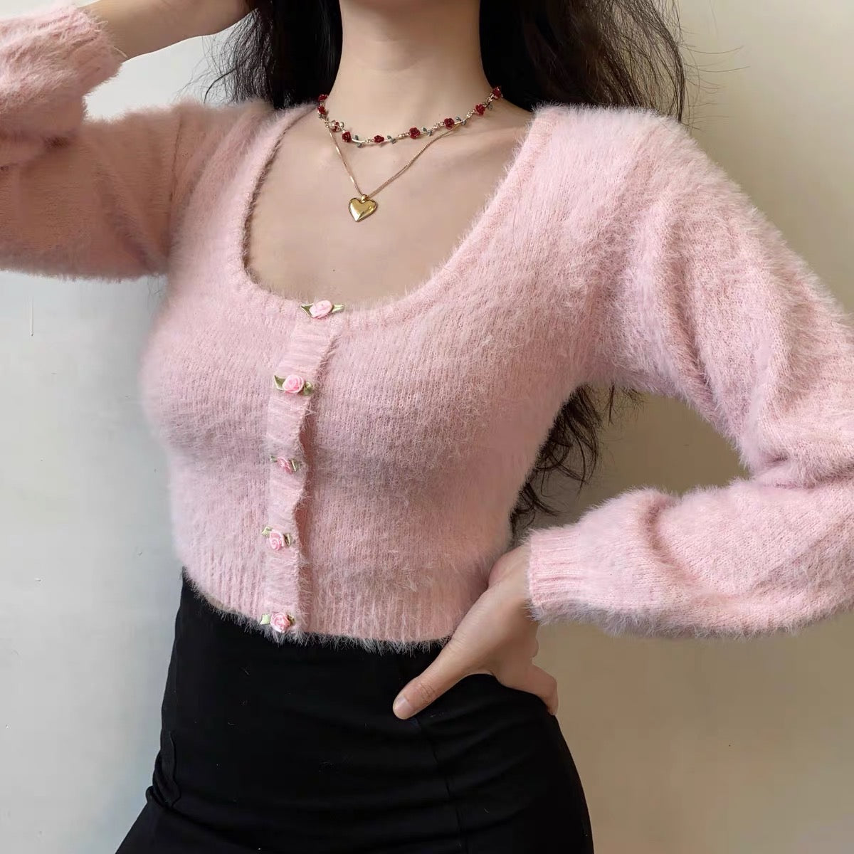 Baby Pink Rose Soft Girl Fuzzy Coquette Sweater