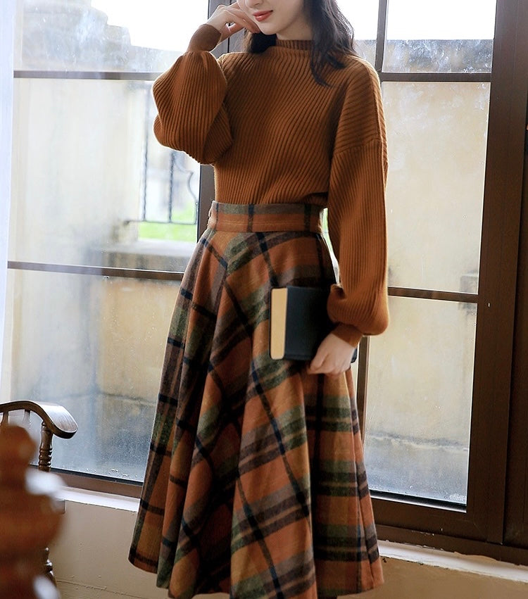 Shadows in the Air Dark Academia Plaid Wool Dress Set