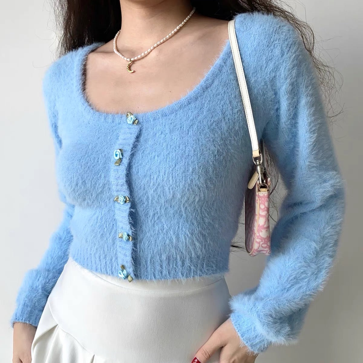 Baby Pink Rose Soft Girl Fuzzy Coquette Sweater