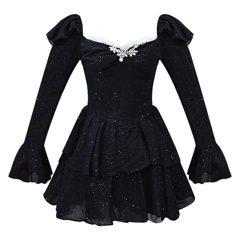 Dark Coquette Crystal Sparkle Mini Dress