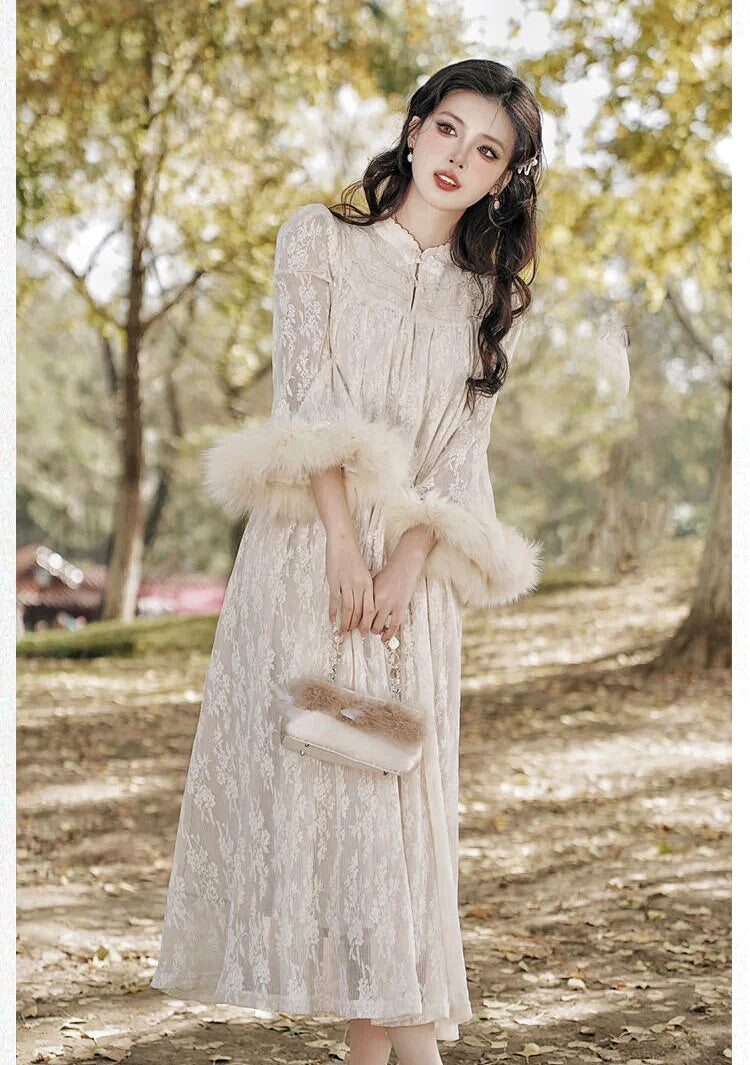 Vintage Faux Fur Lace Dress with Pearl Belt Royalcore Aesthetic  Princescore