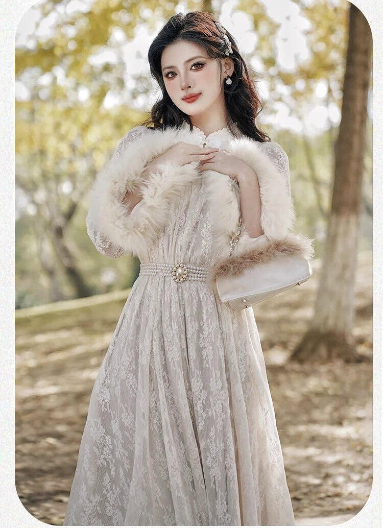 Vintage Faux Fur Lace Dress with Pearl Belt Royalcore Aesthetic  Princescore