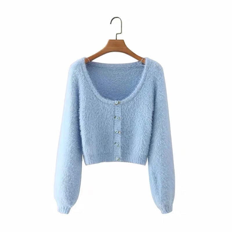 Baby Pink Rose Soft Girl Fuzzy Coquette Sweater