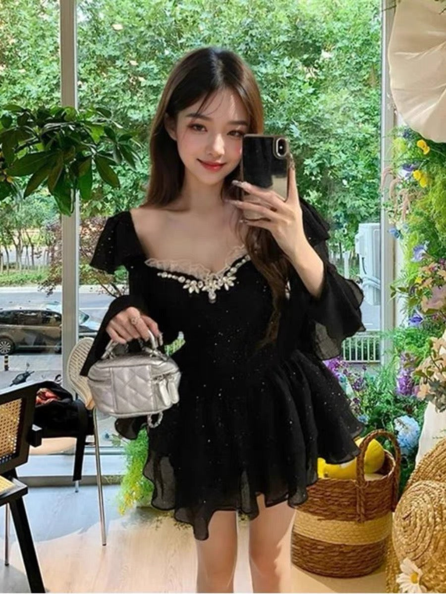 Dark Coquette Crystal Sparkle Mini Dress