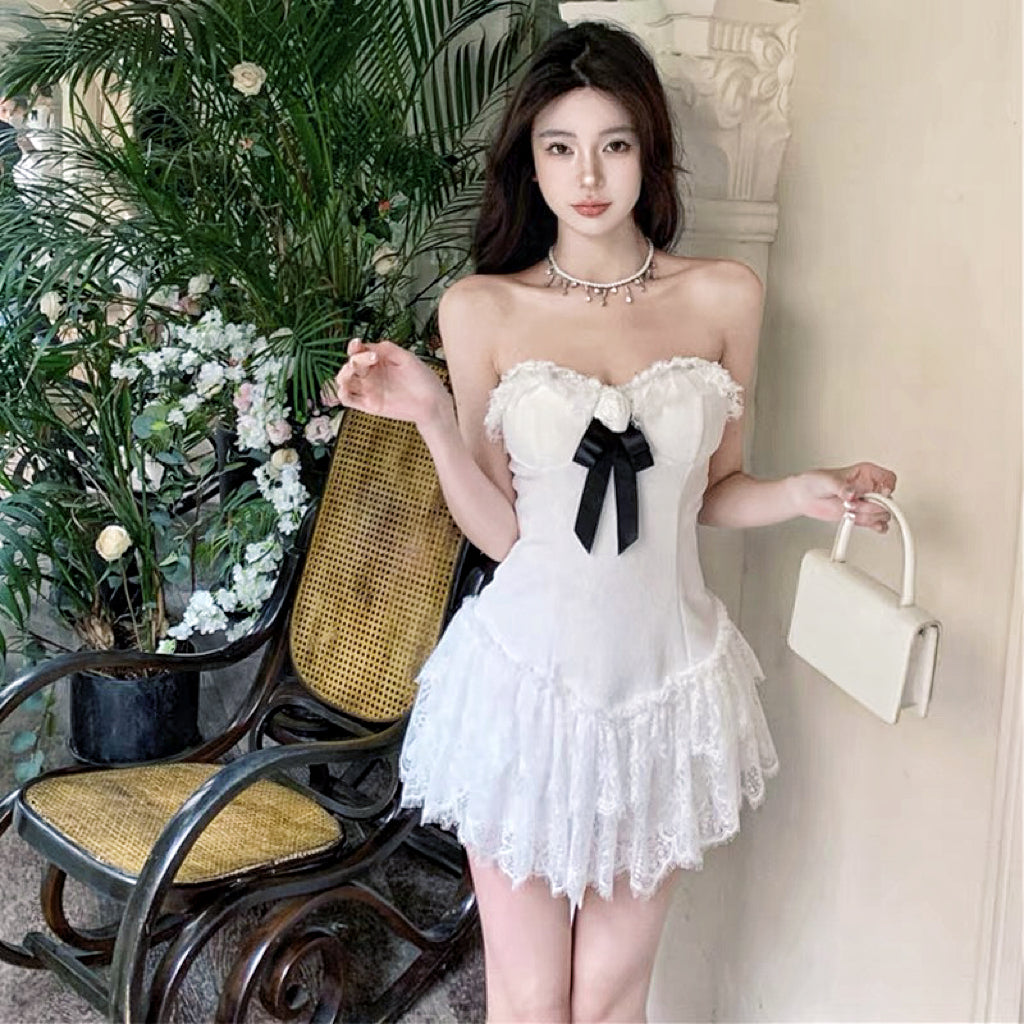 White Lace Coquette Dress with bow and rose charm coquette aesthetic