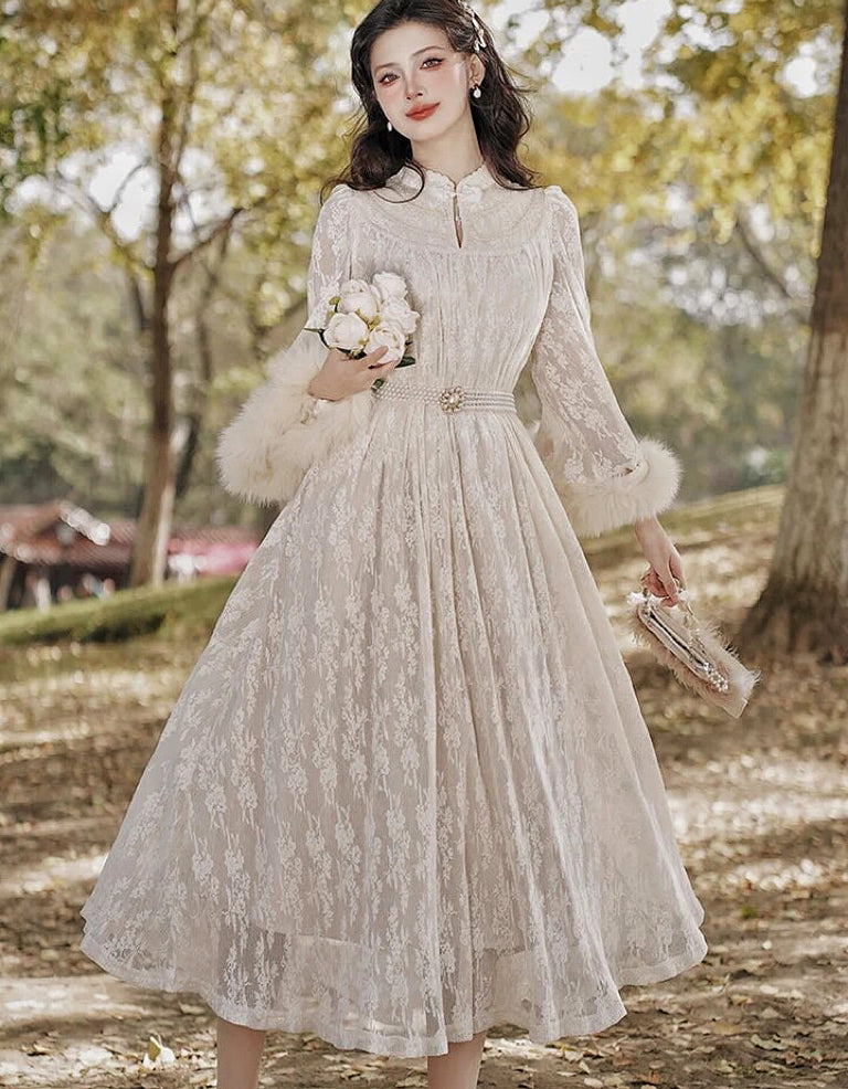 Vintage Faux Fur Lace Dress with Pearl Belt Royalcore Aesthetic  Princescore