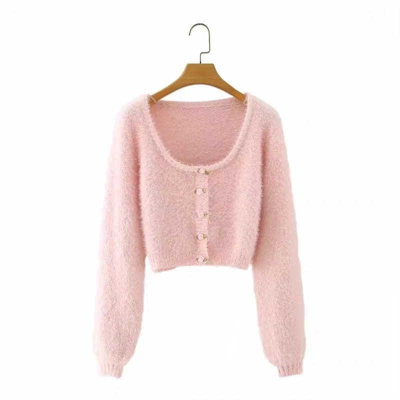 Baby Pink Rose Soft Girl Fuzzy Coquette Sweater
