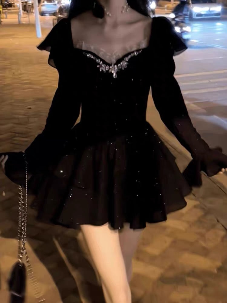 Dark Coquette Crystal Sparkle Mini Dress