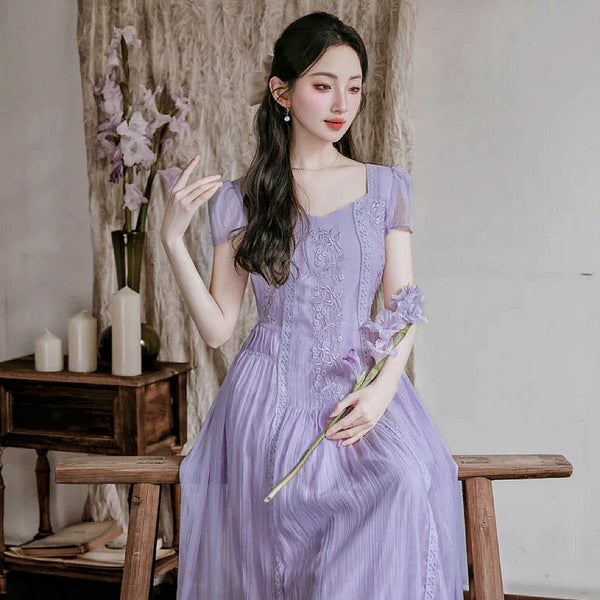 Lilac Aura Embroidered Cottagecore Dress