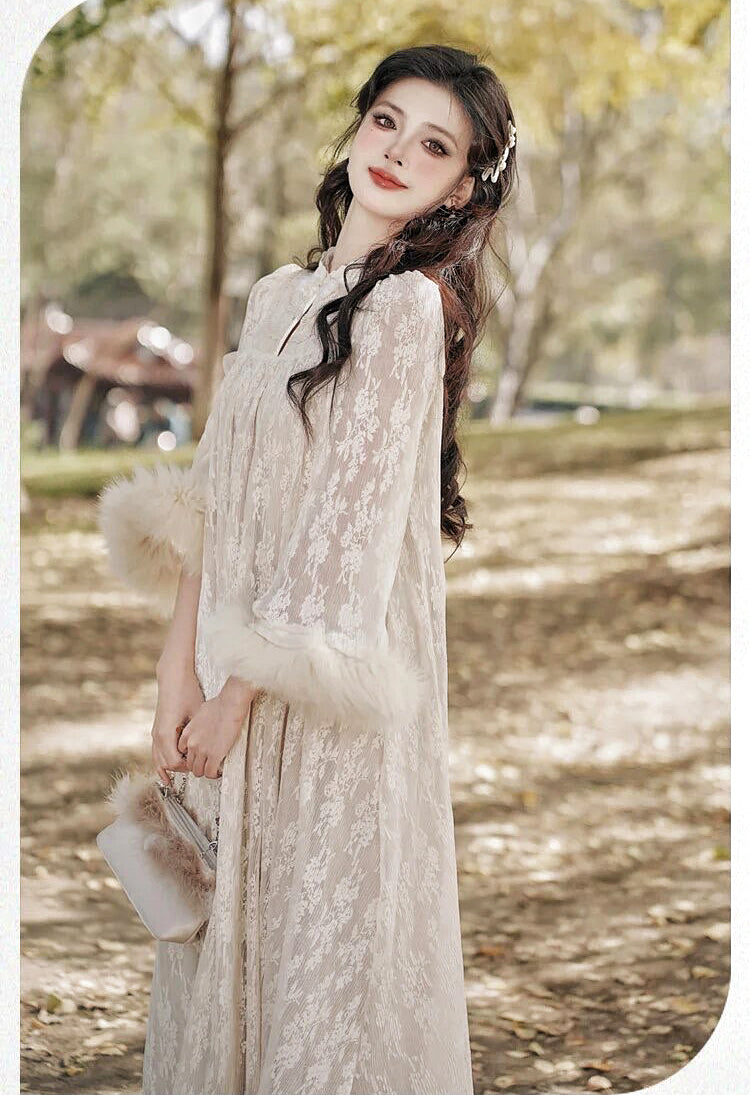 Vintage Faux Fur Lace Dress with Pearl Belt Royalcore Aesthetic  Princescore