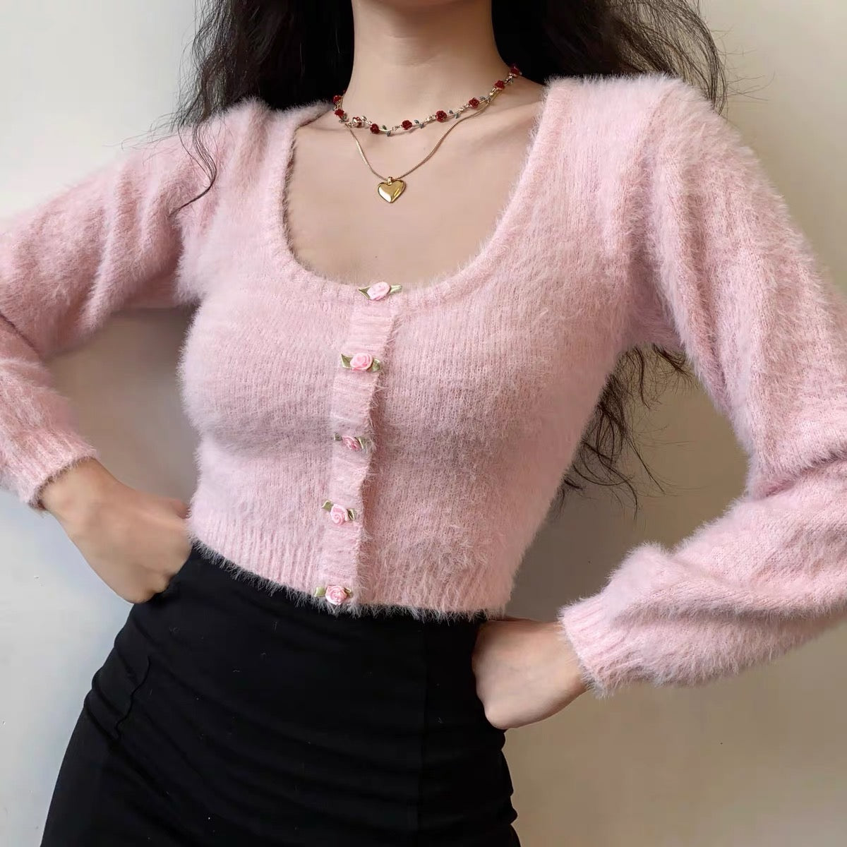 Baby Pink Rose Soft Girl Fuzzy Coquette Sweater