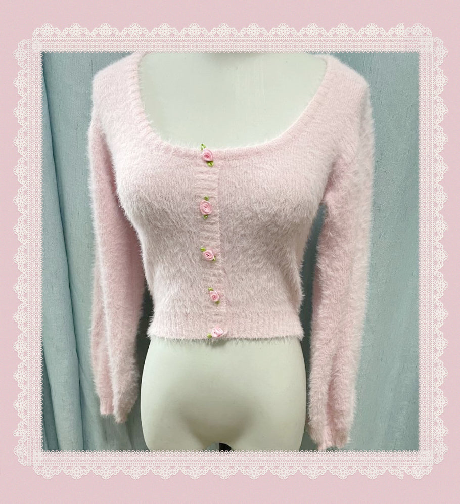 Baby Pink Rose Soft Girl Fuzzy Coquette Sweater