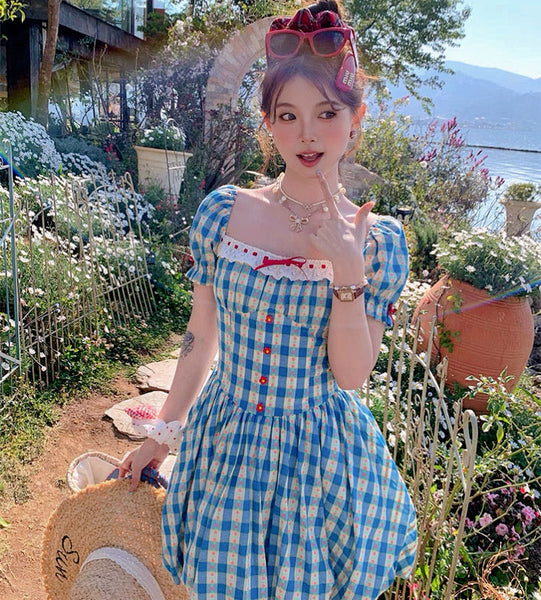 Daisy Loop Plaid Cottagecore Coquette Mini Dress