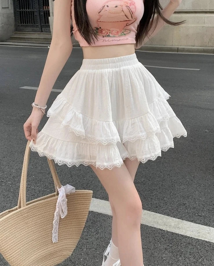 Kawaii Princess Lace Ruffled Bloomer Shorts-Skirt