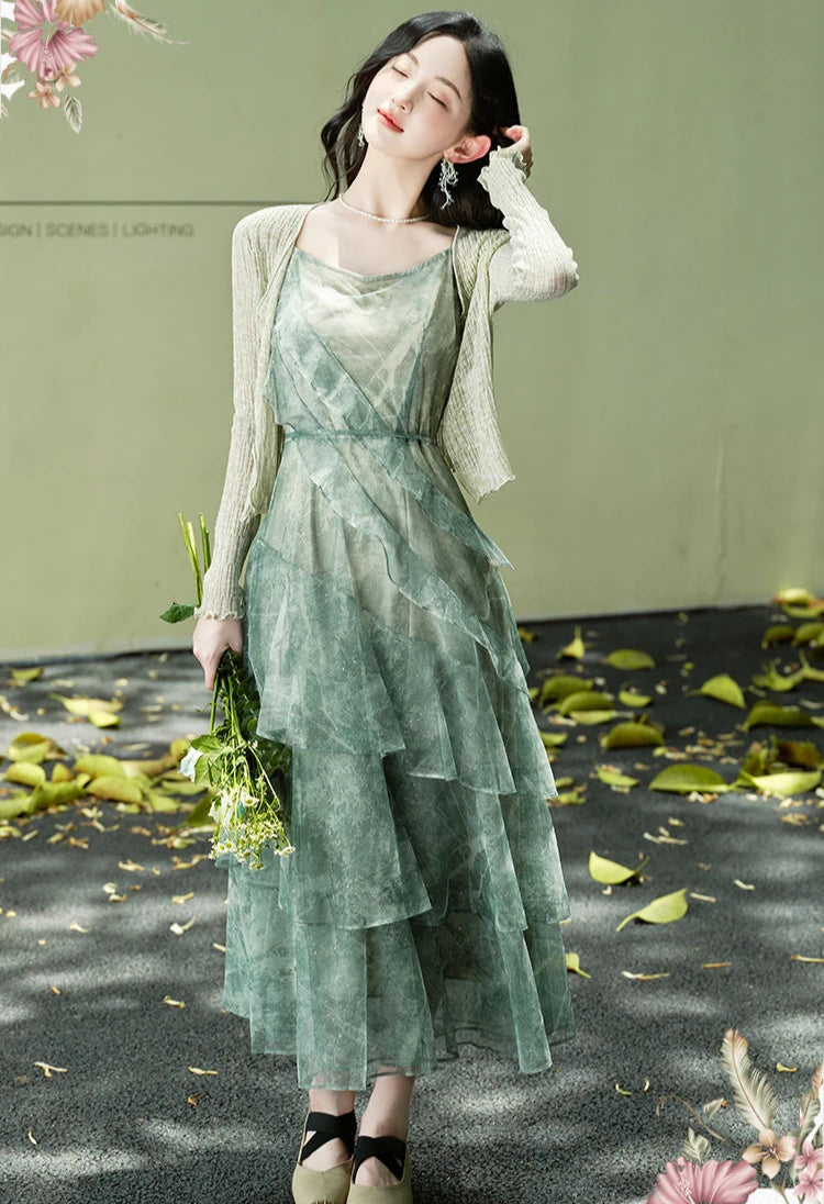 Cedar Wings Fairycore Style Ethereal Green Fairy Dress