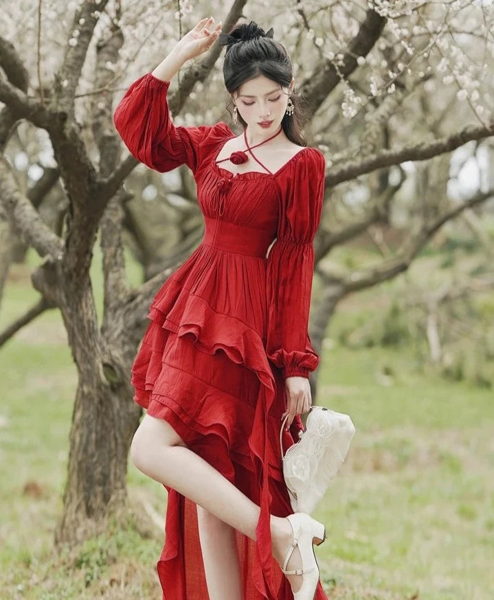 Royalcore Aesthetic Layered High Low Red Princesscore Prom Dress
