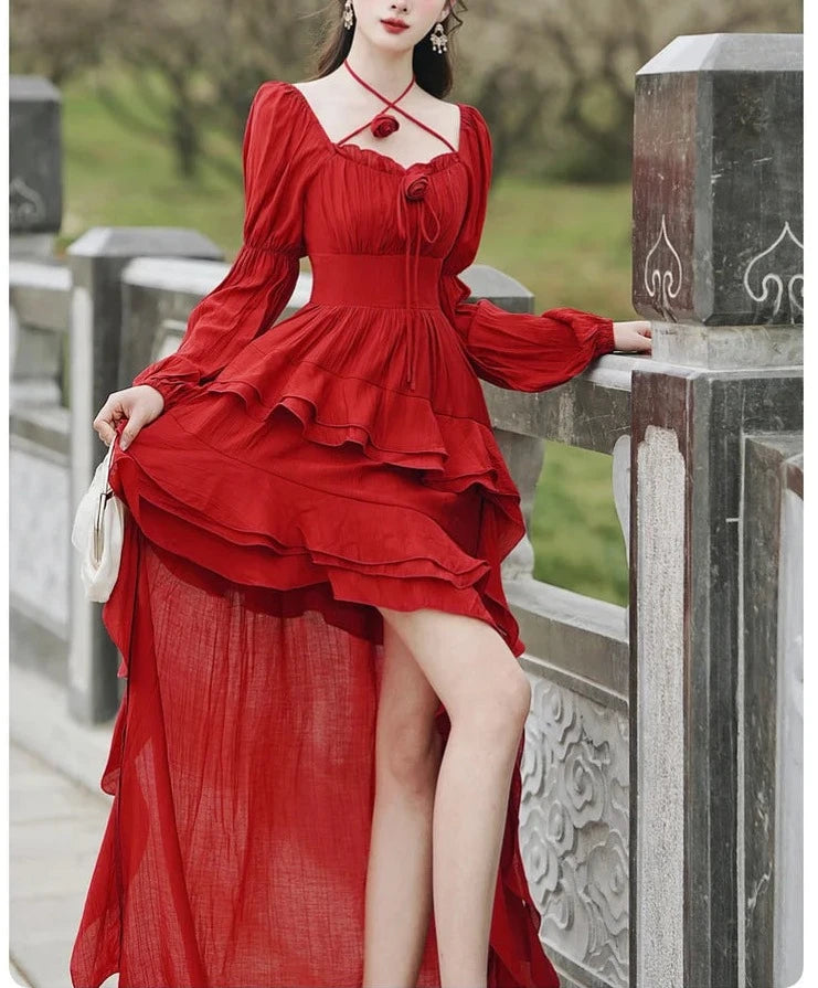 Royalcore Aesthetic Layered High Low Red Princesscore Prom Dress