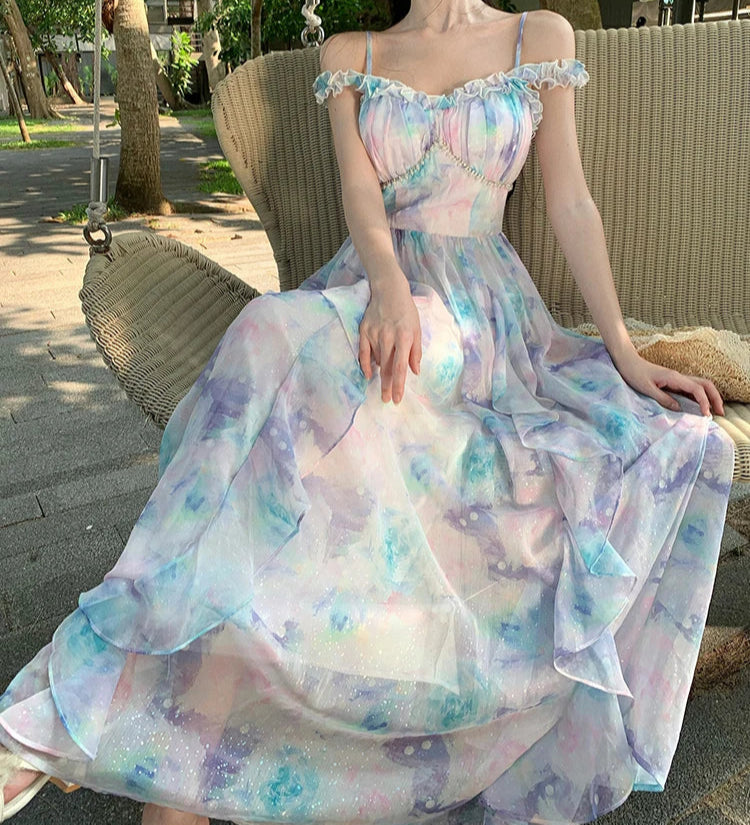 Pastel Clouds Pearl-Accented Fairycore Style Dress