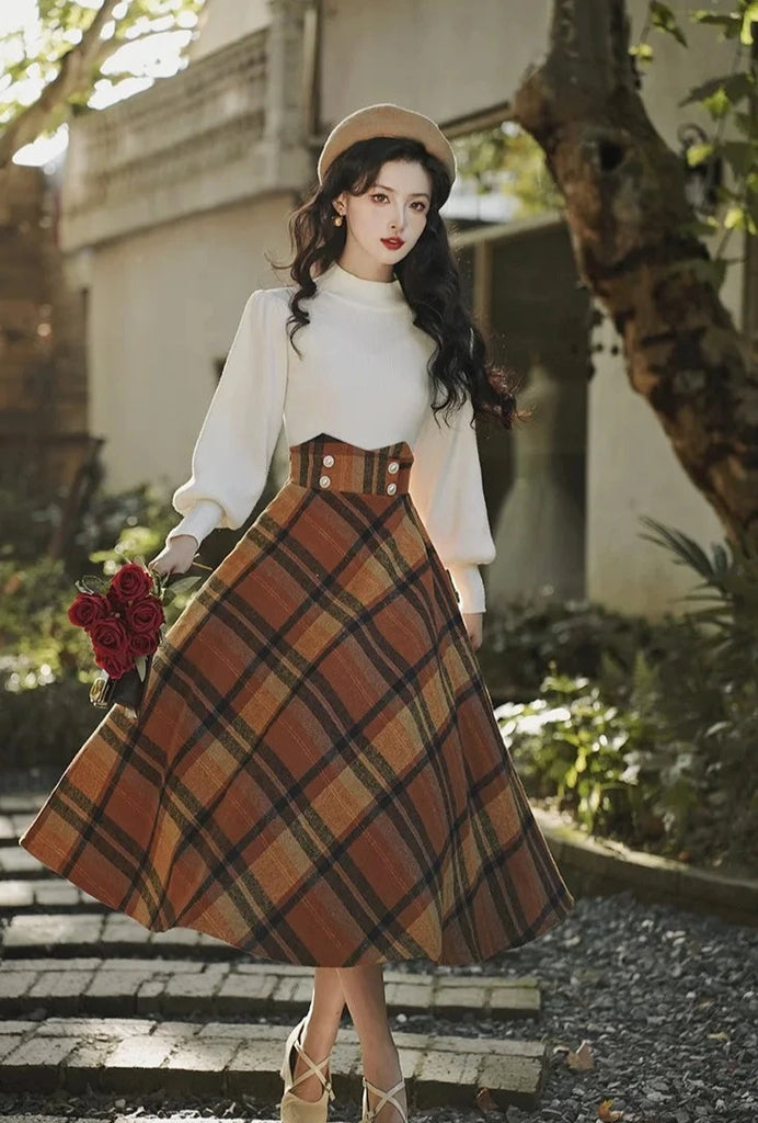 Dark Academia Wool A-line High Waist Plaid Midi Skirt Dark Academia Skirt