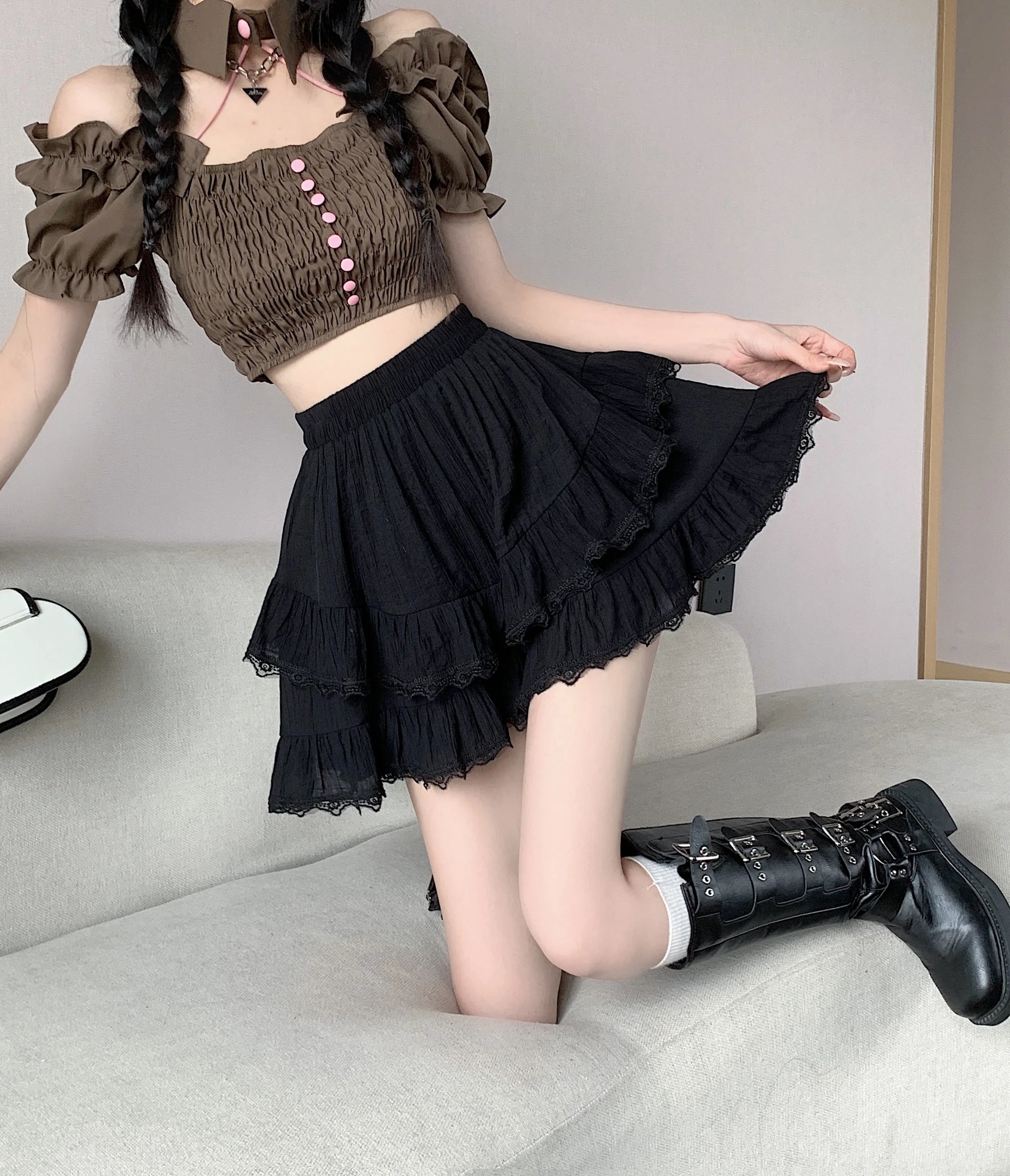 Kawaii Princess Lace Ruffled Bloomer Shorts-Skirt