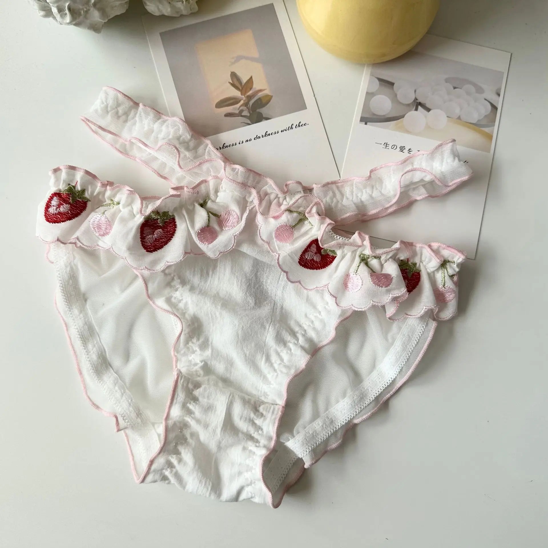 2-Piece Strawberry Embroidered Cottagecore Undergarments Set