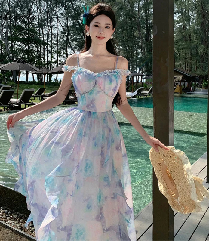 Pastel Clouds Pearl-Accented Fairycore Style Dress