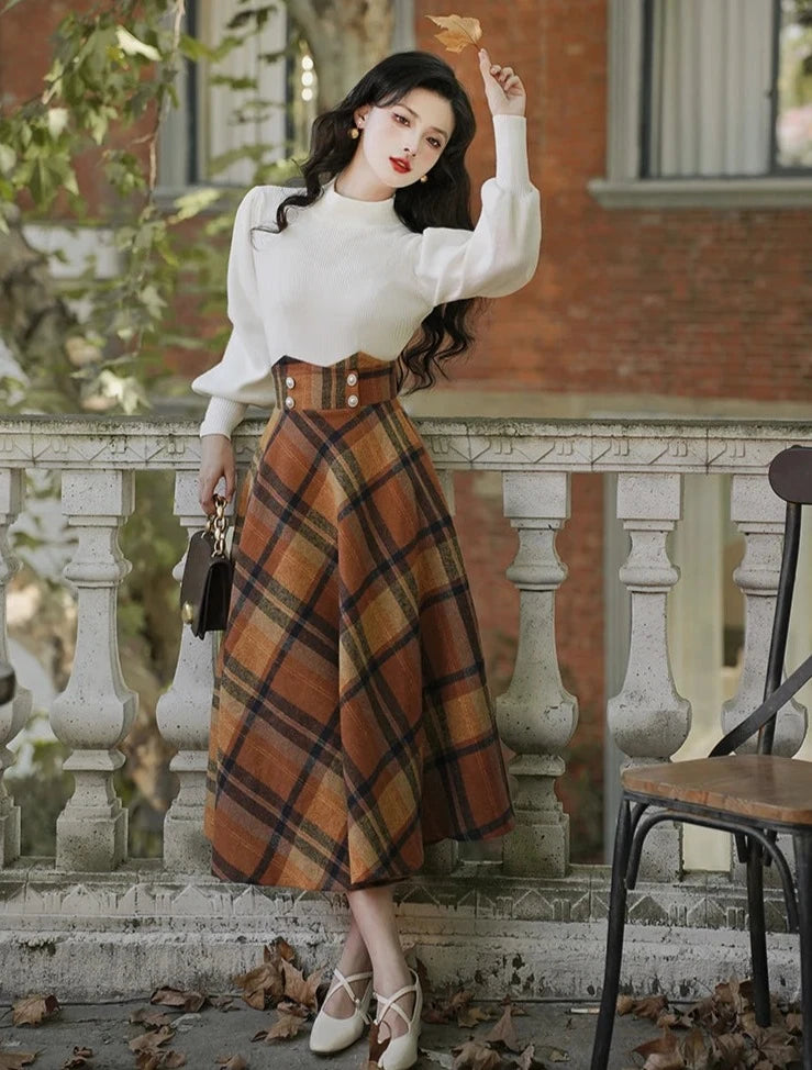 Katelyn Dark Academia Wool A-line High Waist Plaid Midi Skirt