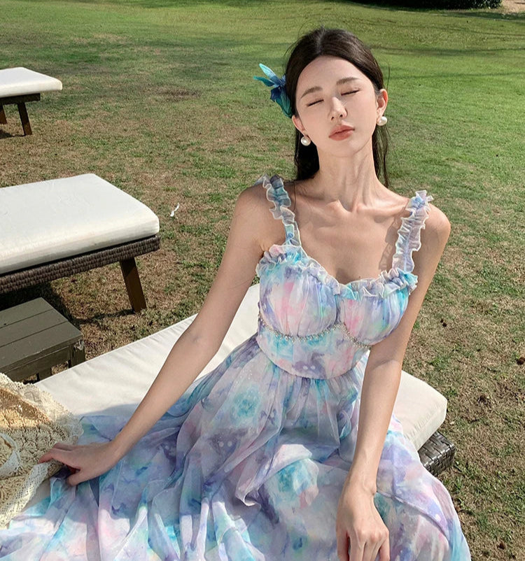 Pastel Clouds Pearl-Accented Fairycore Style Dress