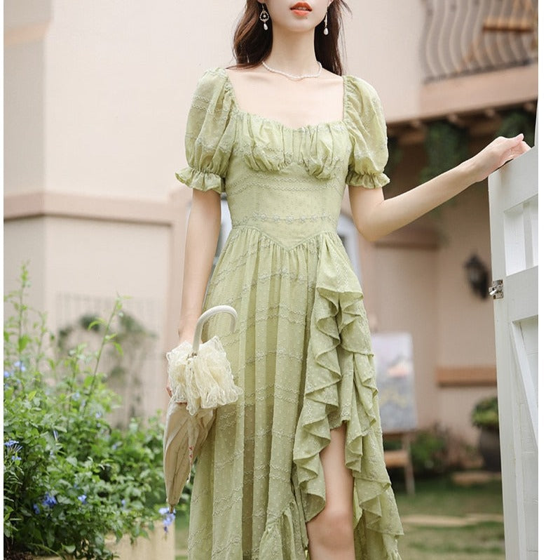 Green Fairy Dress Romantic Royalcore Dress Ruffle Princescore Dress