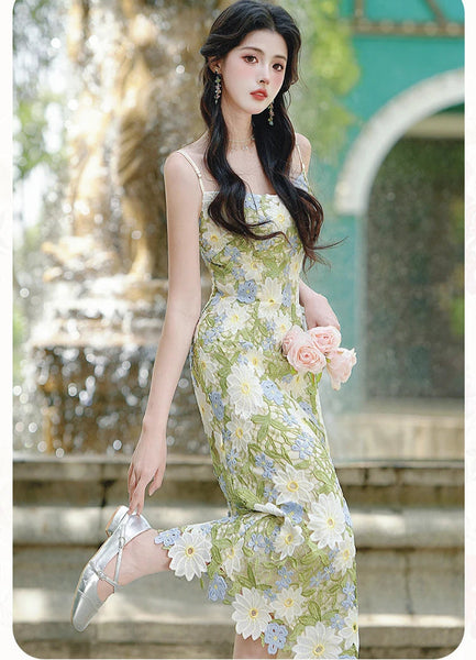 Daisy Nest Vintage Style Flower Applique Green Witch Dress