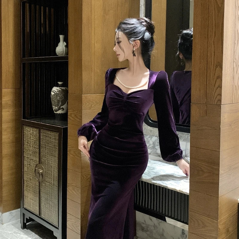 Purple Roseriver Pearl Chain Velvet Dress