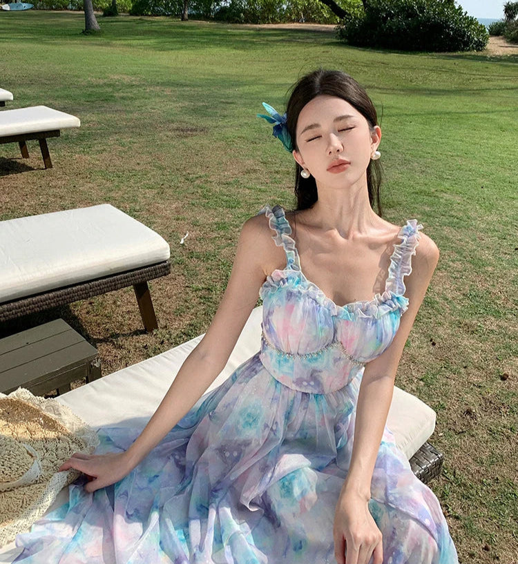 Pastel Clouds Pearl-Accented Fairycore Style Dress