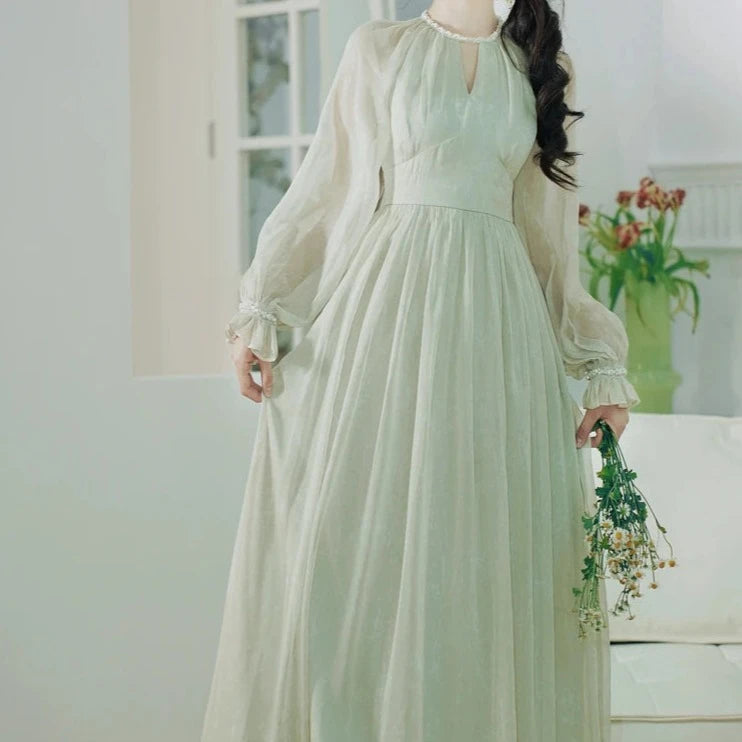 Green Evening Dress,Temperament,Long Bubble Sleeve Princess Dress Y4315
