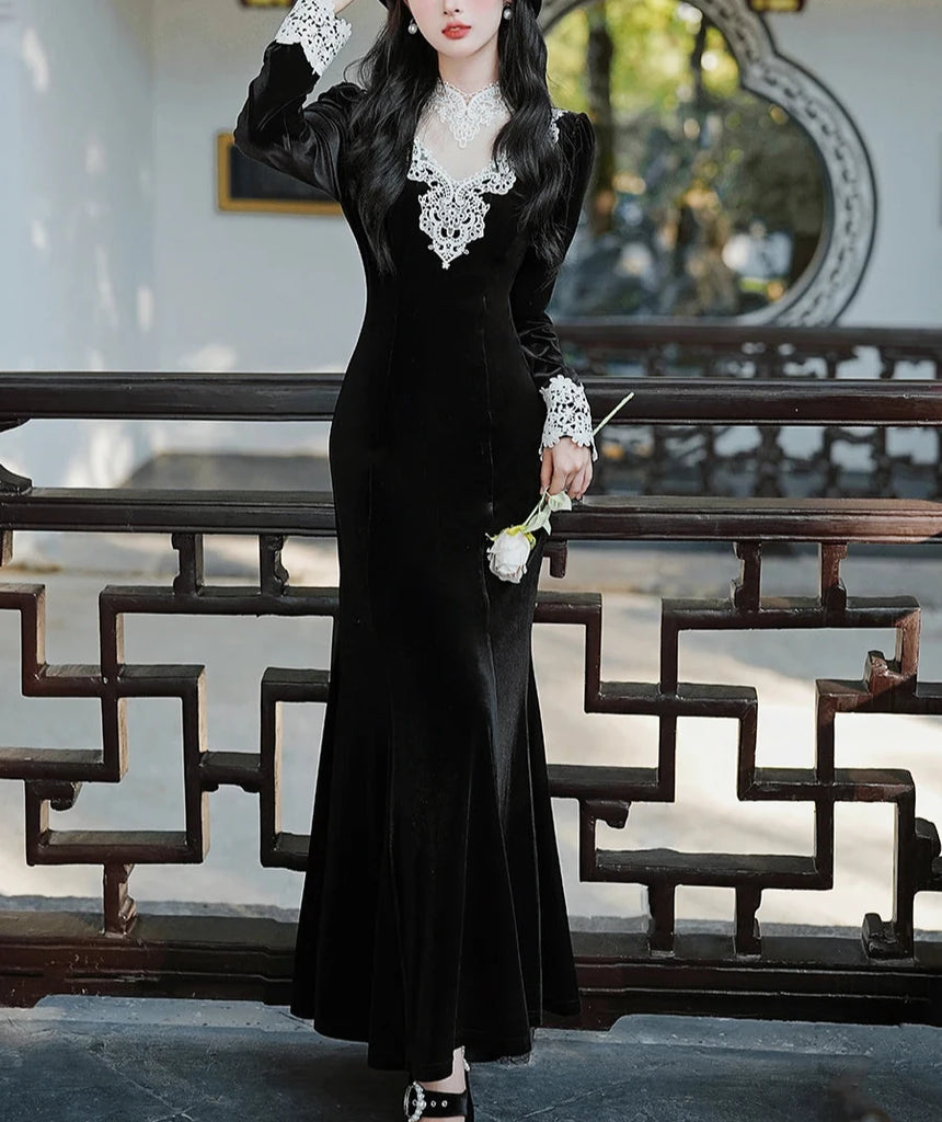 Dark Romantic Velvet Lace Trim Dress Widow Goth Dress