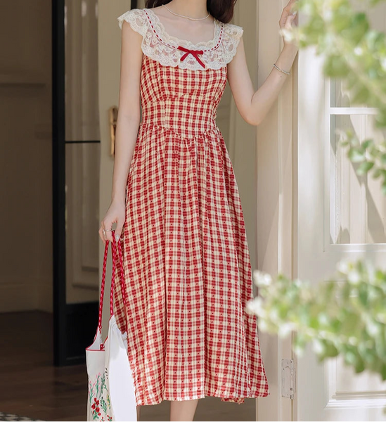 Red Plaid Cottagecore Dress vintage dress