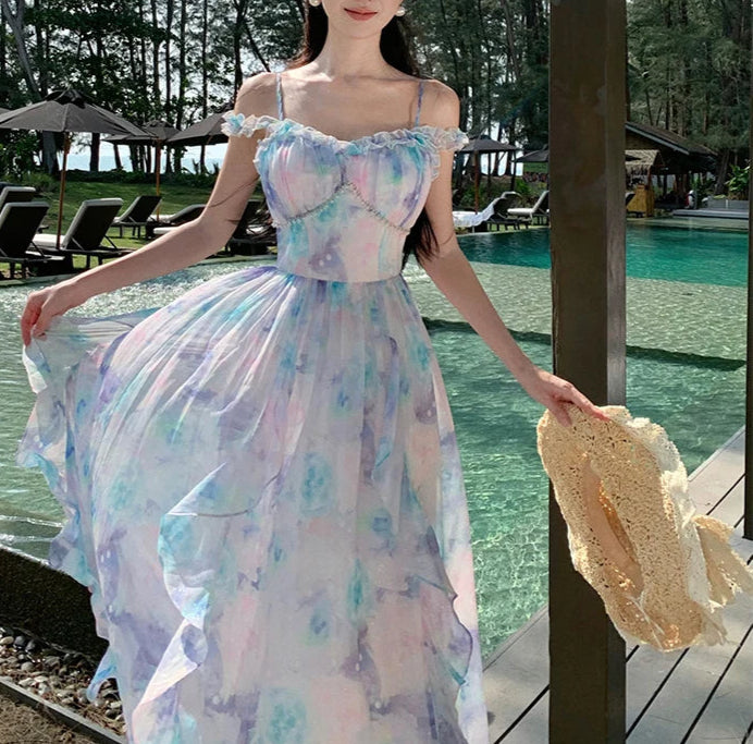 Pastel Clouds Pearl-Accented Fairycore Style Dress