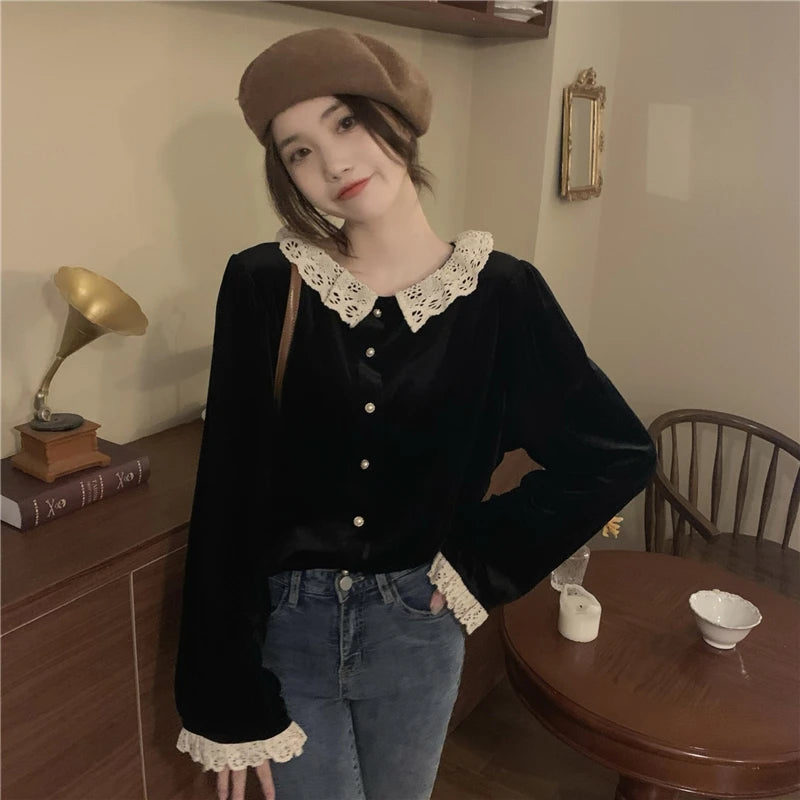 Sivelle Dark Academia Velvet Shirt with Lace Collar