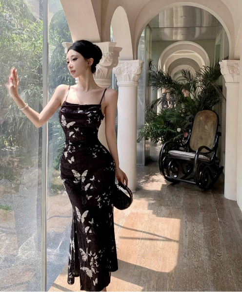Dark Butterfly Velvet 90s Minimalist Style Slip Dress