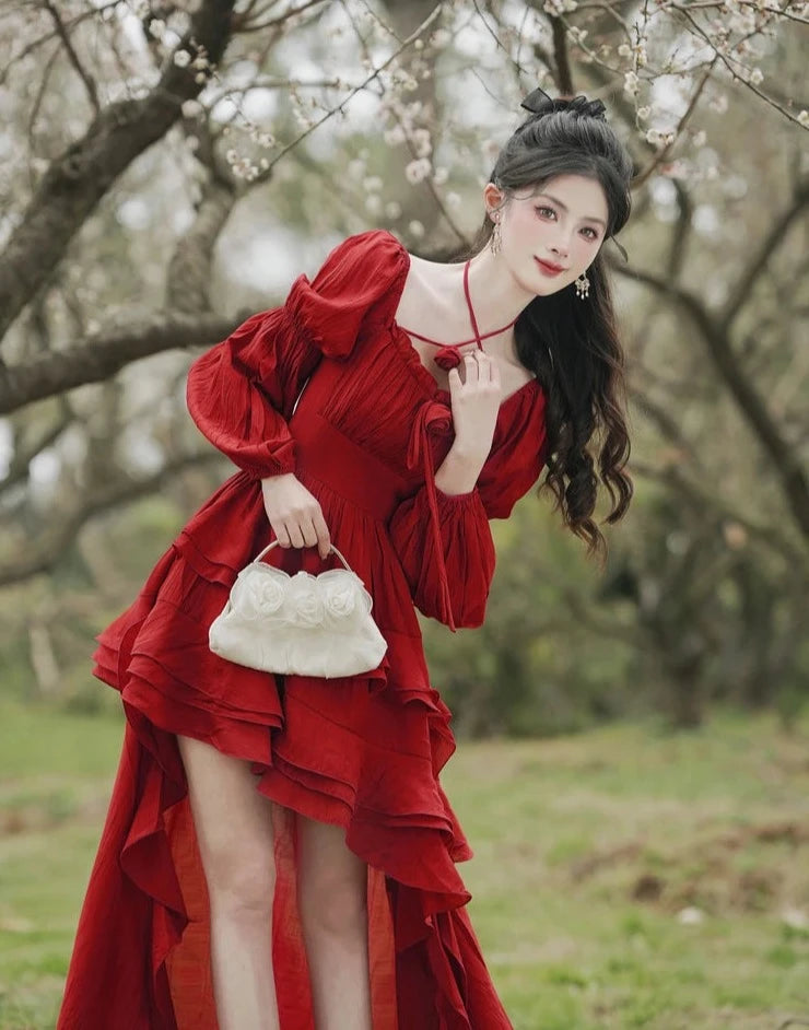 Royalcore Aesthetic Layered High Low Red Princesscore Prom Dress
