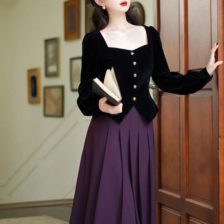 Dark Academia Vintage Dress Set Velvet Dark Academia Dress
