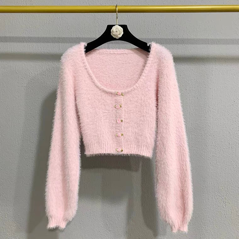 Baby Pink Soft Girl Sweet Fuzzy Cropped Sweater