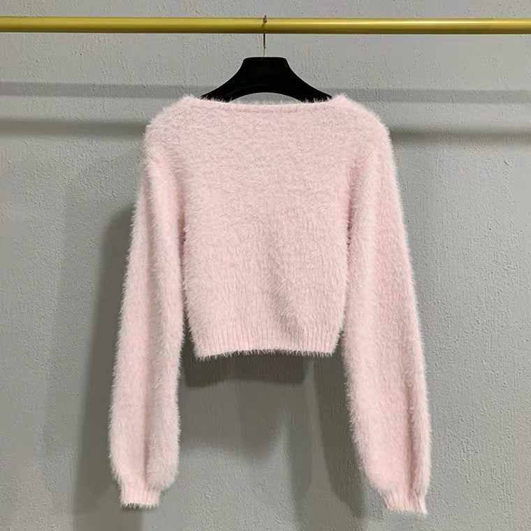 Baby Pink Soft Girl Sweet Fuzzy Cropped Sweater
