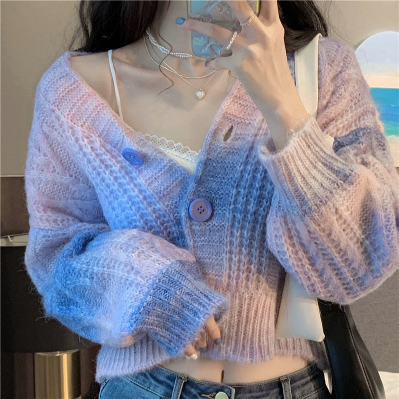 Pastel Rainbow Cropped Sweater Cardigan - Deer Doll