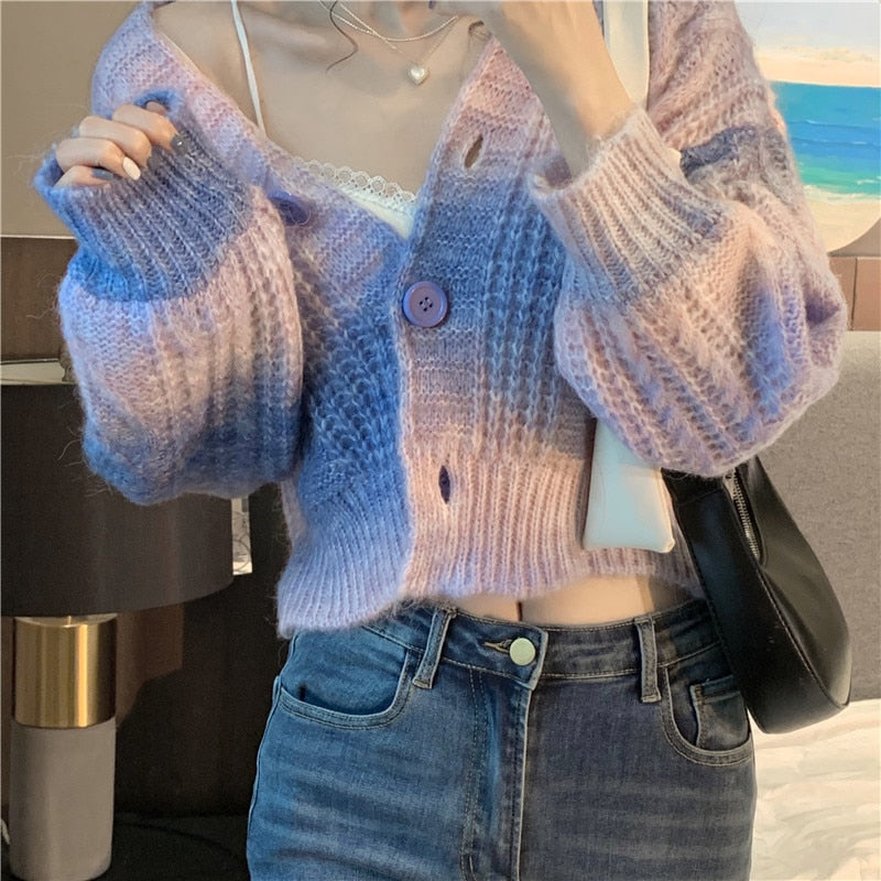 Pastel Rainbow Cropped Sweater Cardigan - Deer Doll