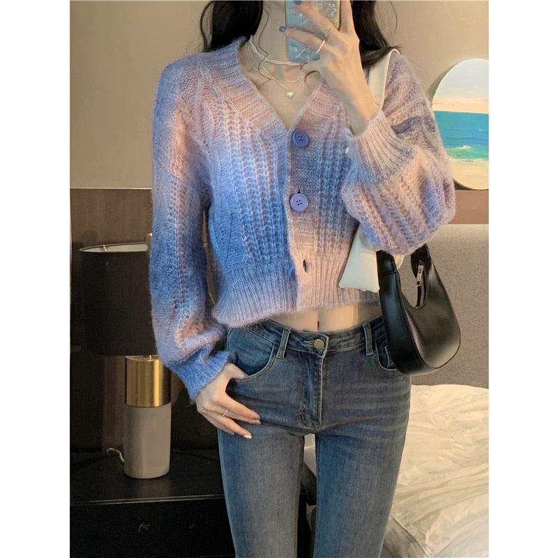 Pastel Rainbow Cropped Sweater Cardigan - Deer Doll
