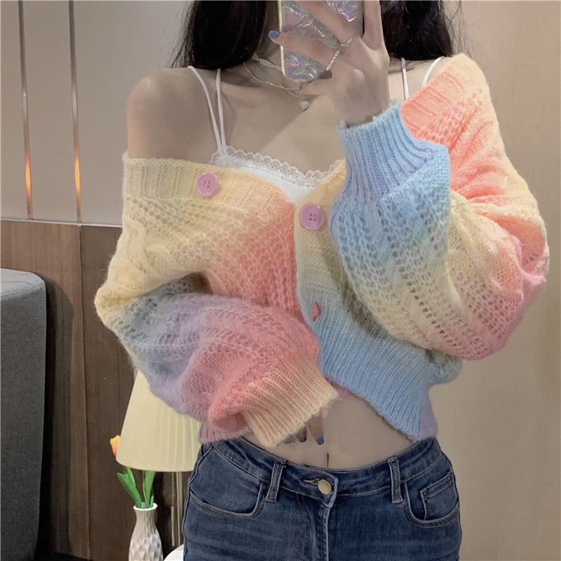 Pastel Rainbow Cropped Sweater Cardigan - Deer Doll