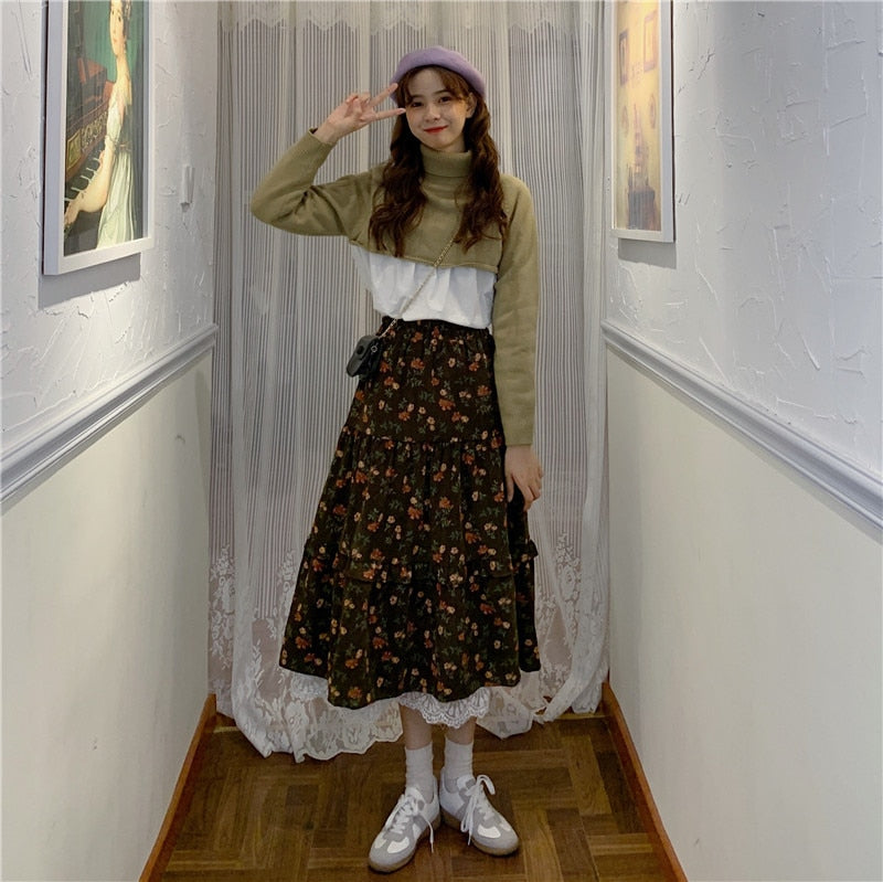 Floral Cottagecore Corduroy Skirt