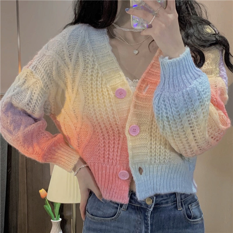 Pastel Rainbow Cropped Sweater Cardigan - Deer Doll