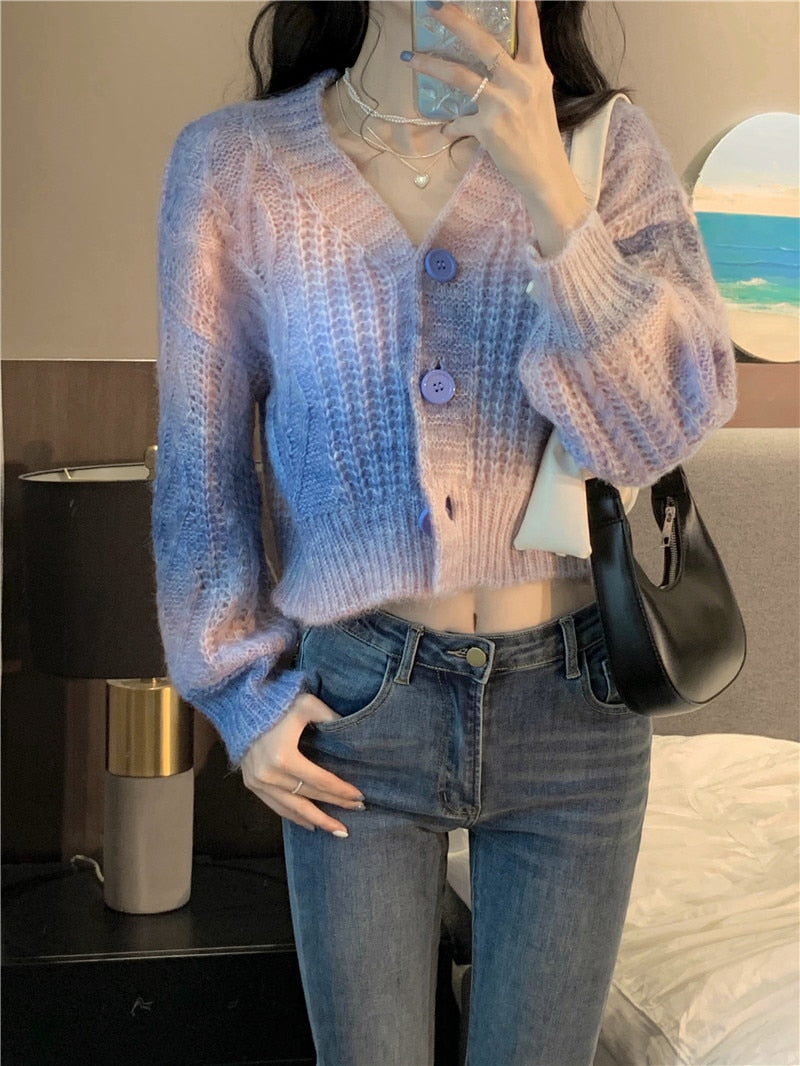 Pastel Rainbow Cropped Sweater Cardigan - Deer Doll